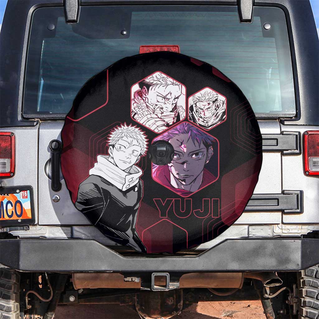 Yuji Itadori Jujutsu Kaisen Red Hexagon Design Spare Tire Cover with Sukuna Transformation and Manga Style Art - The Mazicc
