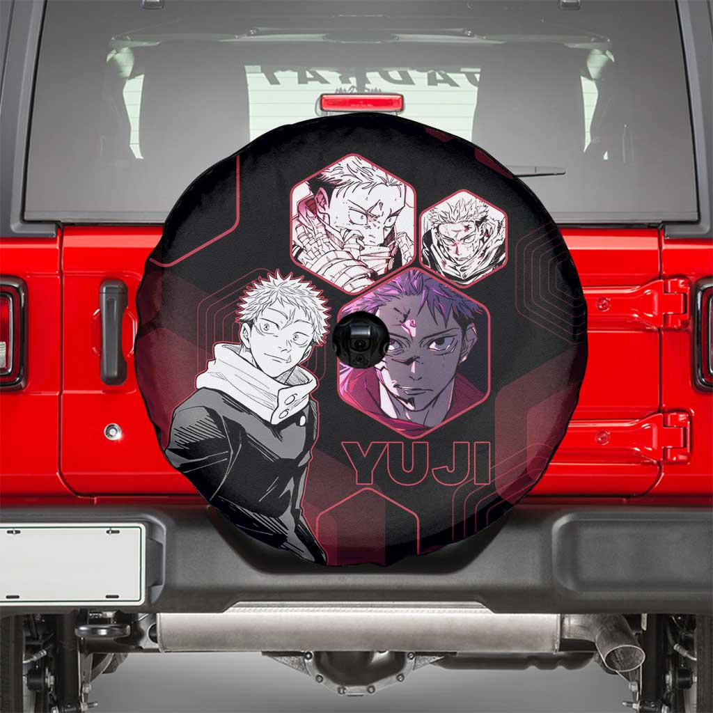 Yuji Itadori Jujutsu Kaisen Red Hexagon Design Spare Tire Cover with Sukuna Transformation and Manga Style Art - The Mazicc