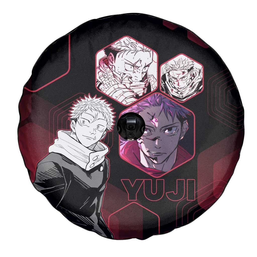 Yuji Itadori Jujutsu Kaisen Red Hexagon Design Spare Tire Cover with Sukuna Transformation and Manga Style Art - The Mazicc