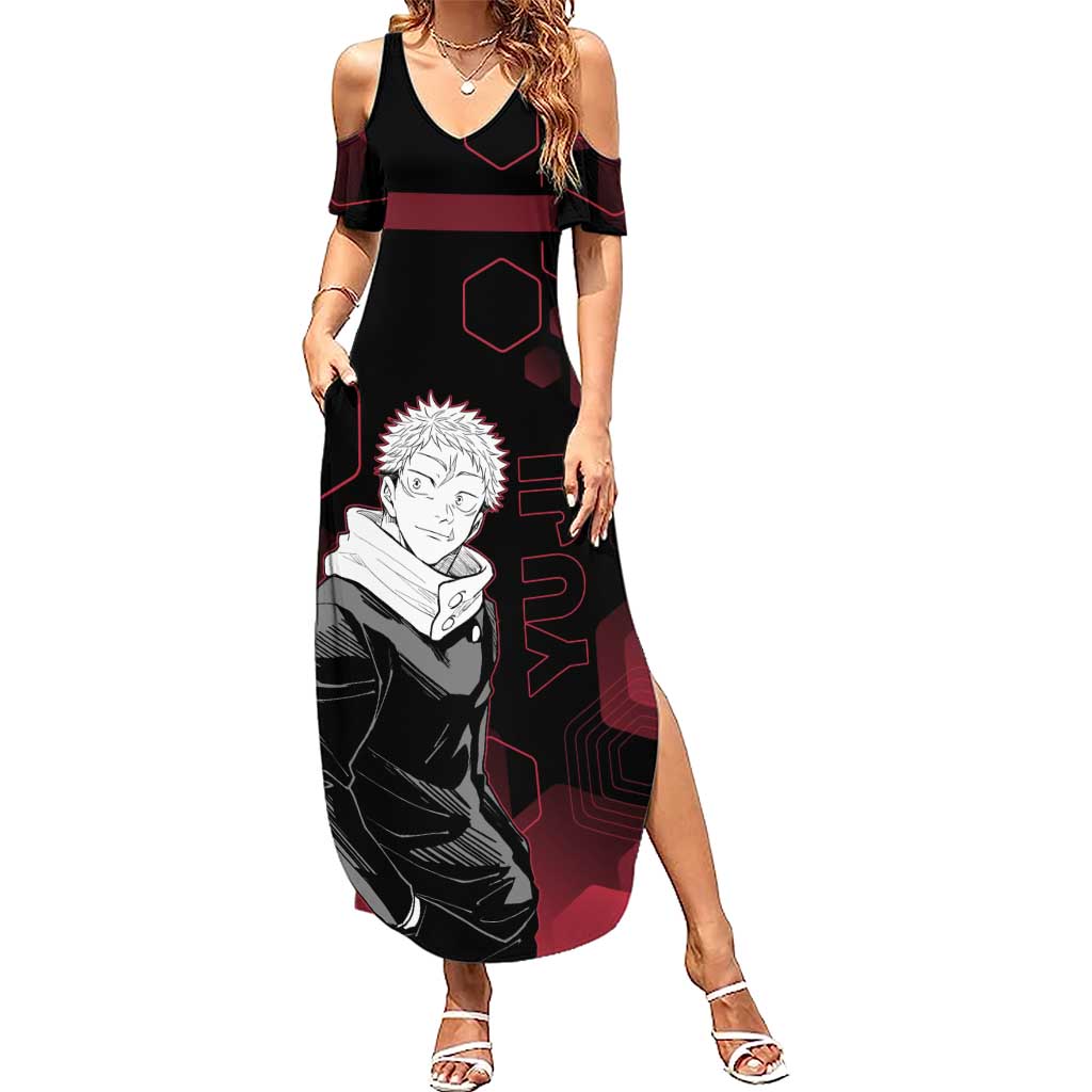Yuji Itadori Jujutsu Kaisen Red Hexagon Design Summer Maxi Dress with Sukuna Transformation and Manga Style Art - The Mazicc