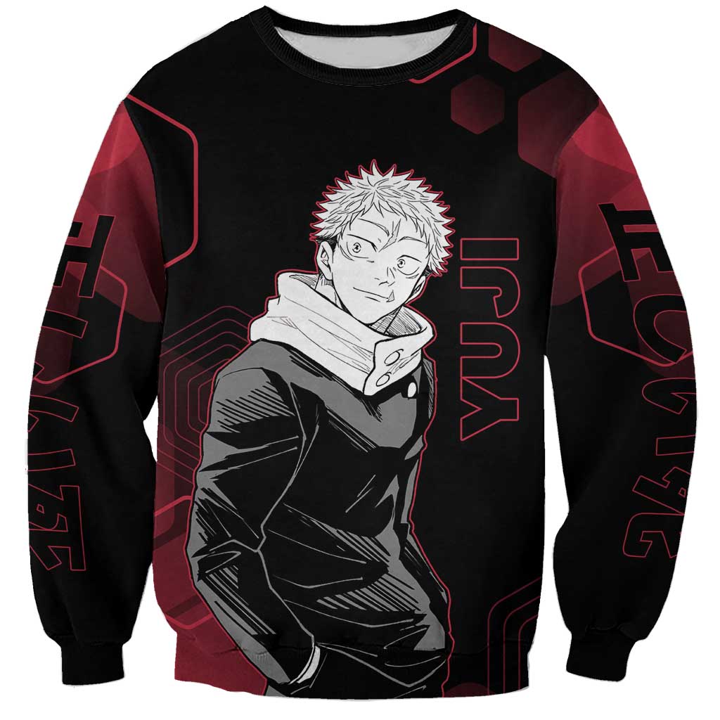 Yuji Itadori Jujutsu Kaisen Red Hexagon Design Sweatshirt with Sukuna Transformation and Manga Style Art - The Mazicc
