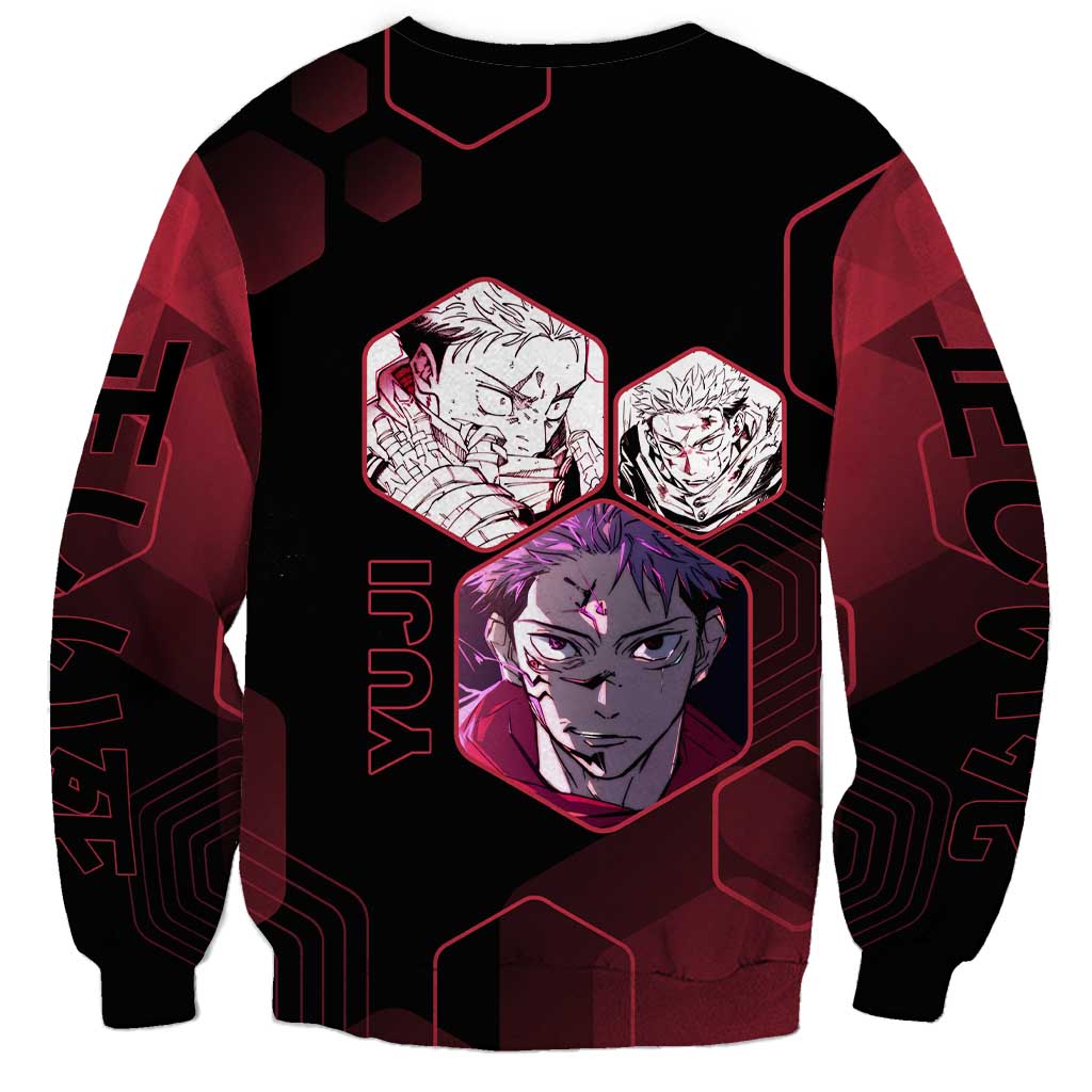 Yuji Itadori Jujutsu Kaisen Red Hexagon Design Sweatshirt with Sukuna Transformation and Manga Style Art - The Mazicc