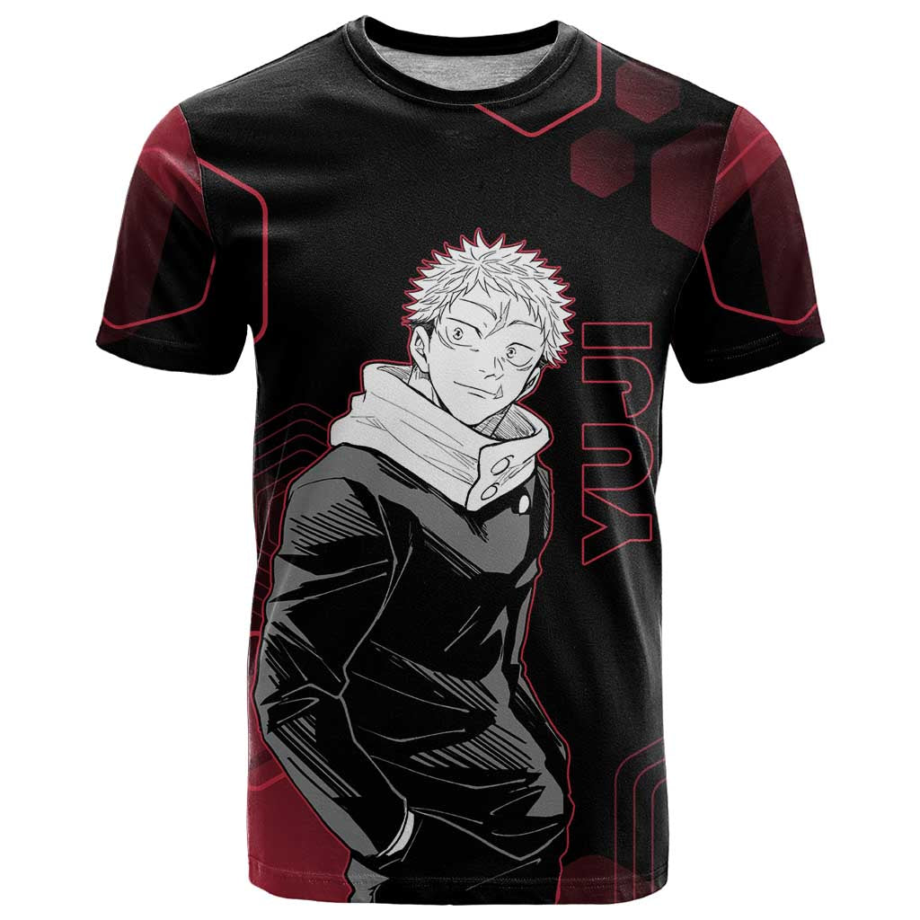 Yuji Itadori Jujutsu Kaisen Red Hexagon Design T Shirt with Sukuna Transformation and Manga Style Art - The Mazicc
