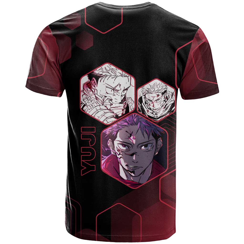 Yuji Itadori Jujutsu Kaisen Red Hexagon Design T Shirt with Sukuna Transformation and Manga Style Art - The Mazicc