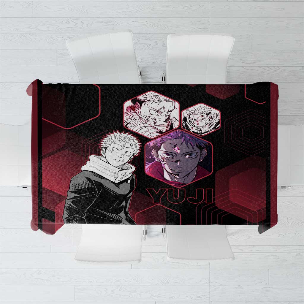 Yuji Itadori Jujutsu Kaisen Red Hexagon Design Tablecloth with Sukuna Transformation and Manga Style Art - The Mazicc