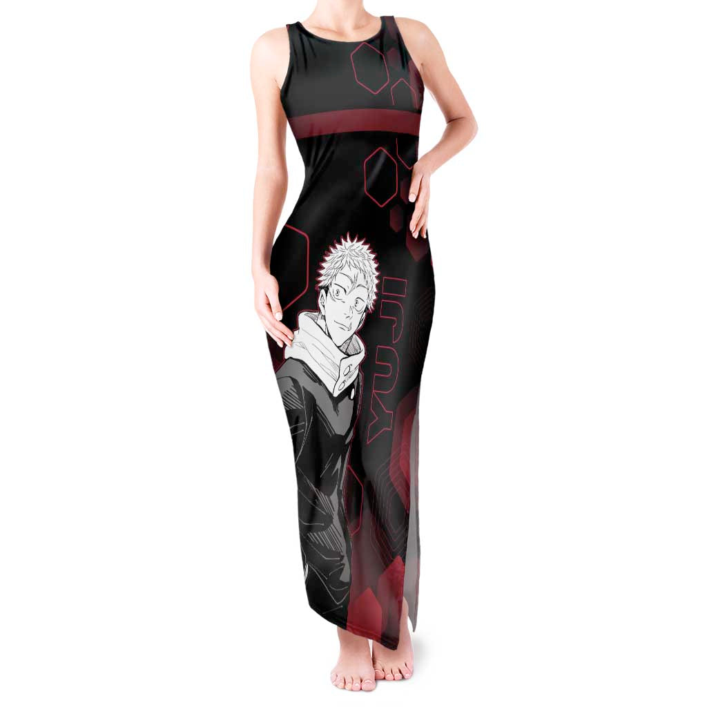 Yuji Itadori Jujutsu Kaisen Red Hexagon Design Tank Maxi Dress with Sukuna Transformation and Manga Style Art - The Mazicc