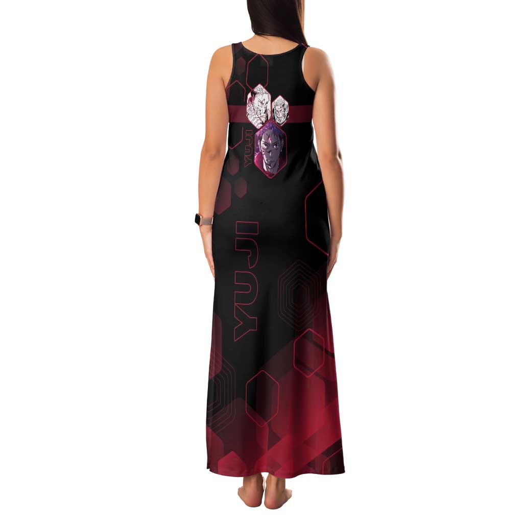 Yuji Itadori Jujutsu Kaisen Red Hexagon Design Tank Maxi Dress with Sukuna Transformation and Manga Style Art - The Mazicc