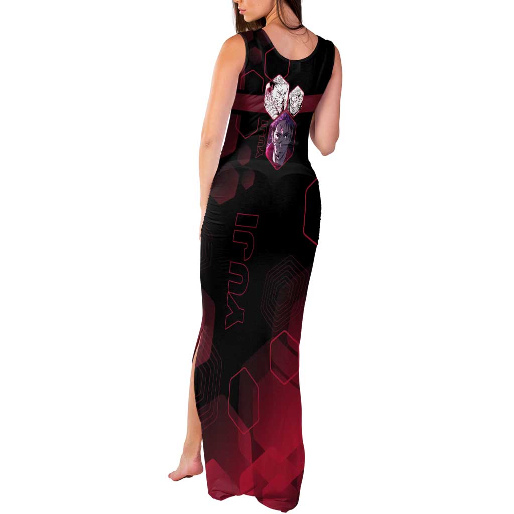 Yuji Itadori Jujutsu Kaisen Red Hexagon Design Tank Maxi Dress with Sukuna Transformation and Manga Style Art - The Mazicc