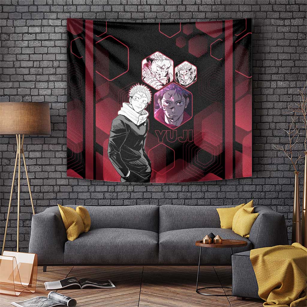 Yuji Itadori Jujutsu Kaisen Red Hexagon Design Tapestry with Sukuna Transformation and Manga Style Art - The Mazicc
