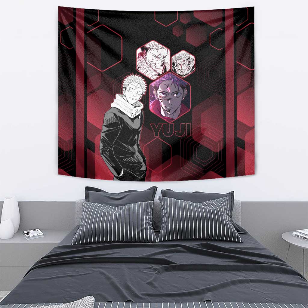 Yuji Itadori Jujutsu Kaisen Red Hexagon Design Tapestry with Sukuna Transformation and Manga Style Art - The Mazicc