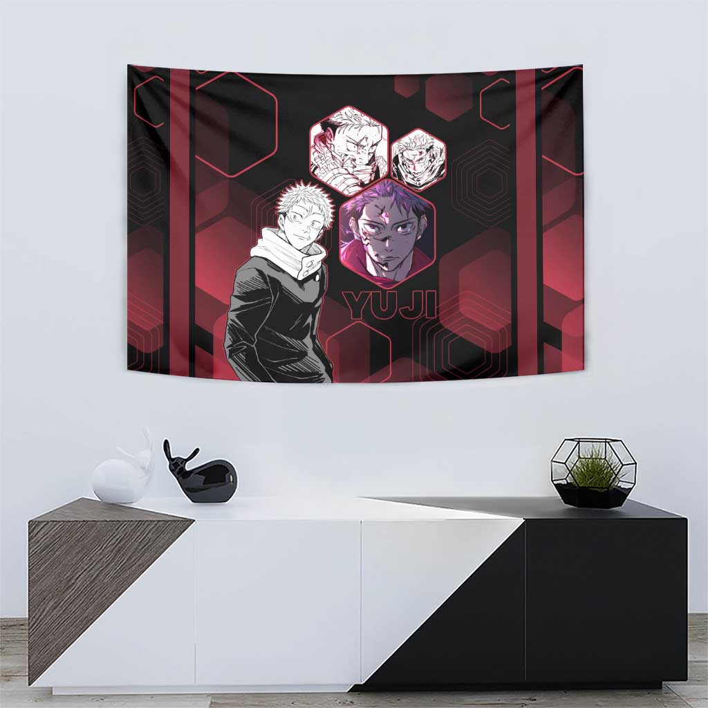 Yuji Itadori Jujutsu Kaisen Red Hexagon Design Tapestry with Sukuna Transformation and Manga Style Art - The Mazicc