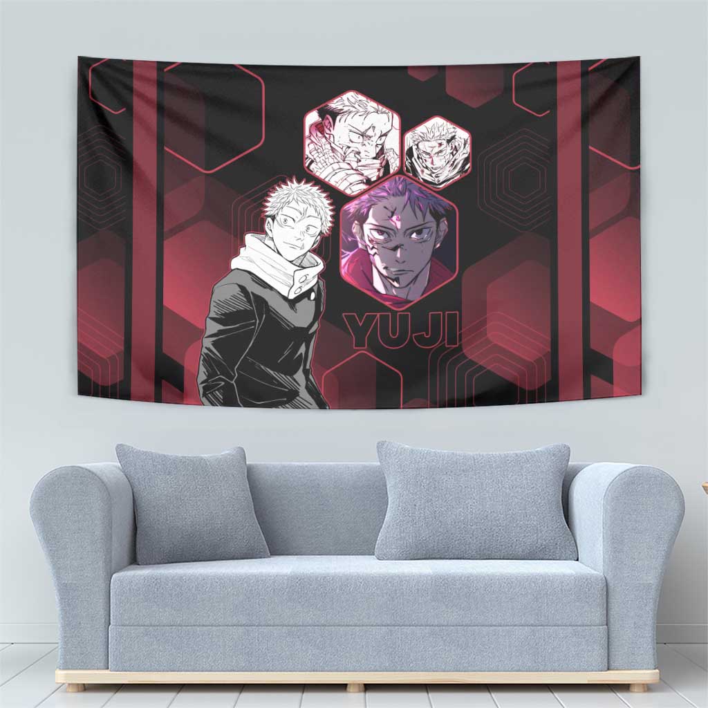 Yuji Itadori Jujutsu Kaisen Red Hexagon Design Tapestry with Sukuna Transformation and Manga Style Art - The Mazicc