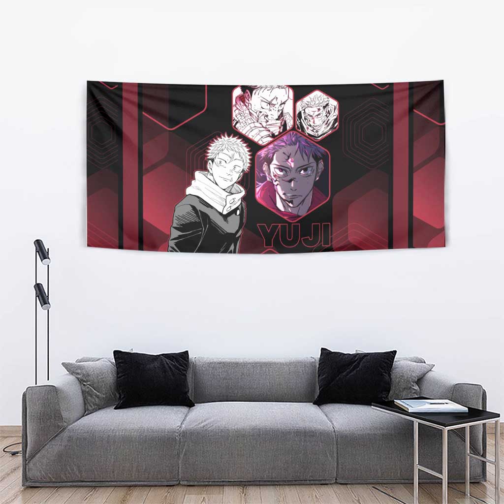 Yuji Itadori Jujutsu Kaisen Red Hexagon Design Tapestry with Sukuna Transformation and Manga Style Art - The Mazicc