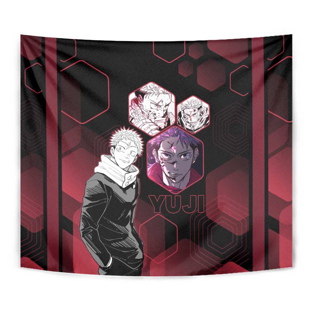 Yuji Itadori Jujutsu Kaisen Red Hexagon Design Tapestry with Sukuna Transformation and Manga Style Art - The Mazicc