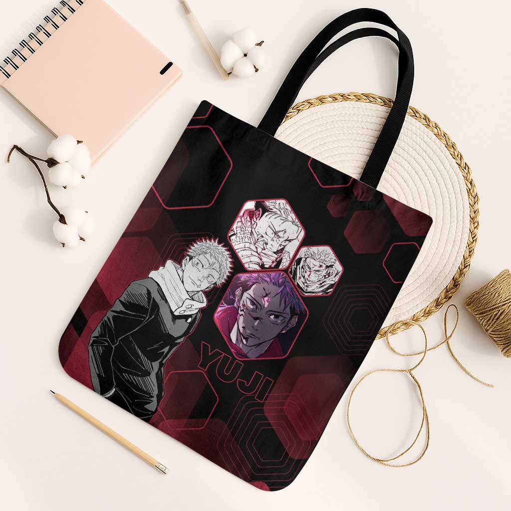 Yuji Itadori Jujutsu Kaisen Red Hexagon Design Tote Bag with Sukuna Transformation and Manga Style Art - The Mazicc
