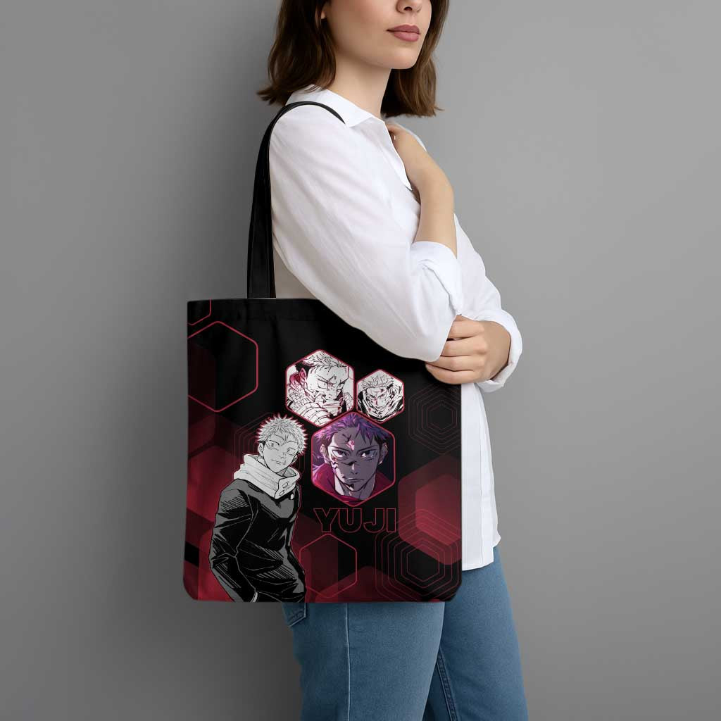 Yuji Itadori Jujutsu Kaisen Red Hexagon Design Tote Bag with Sukuna Transformation and Manga Style Art - The Mazicc