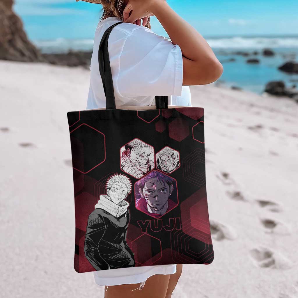 Yuji Itadori Jujutsu Kaisen Red Hexagon Design Tote Bag with Sukuna Transformation and Manga Style Art - The Mazicc