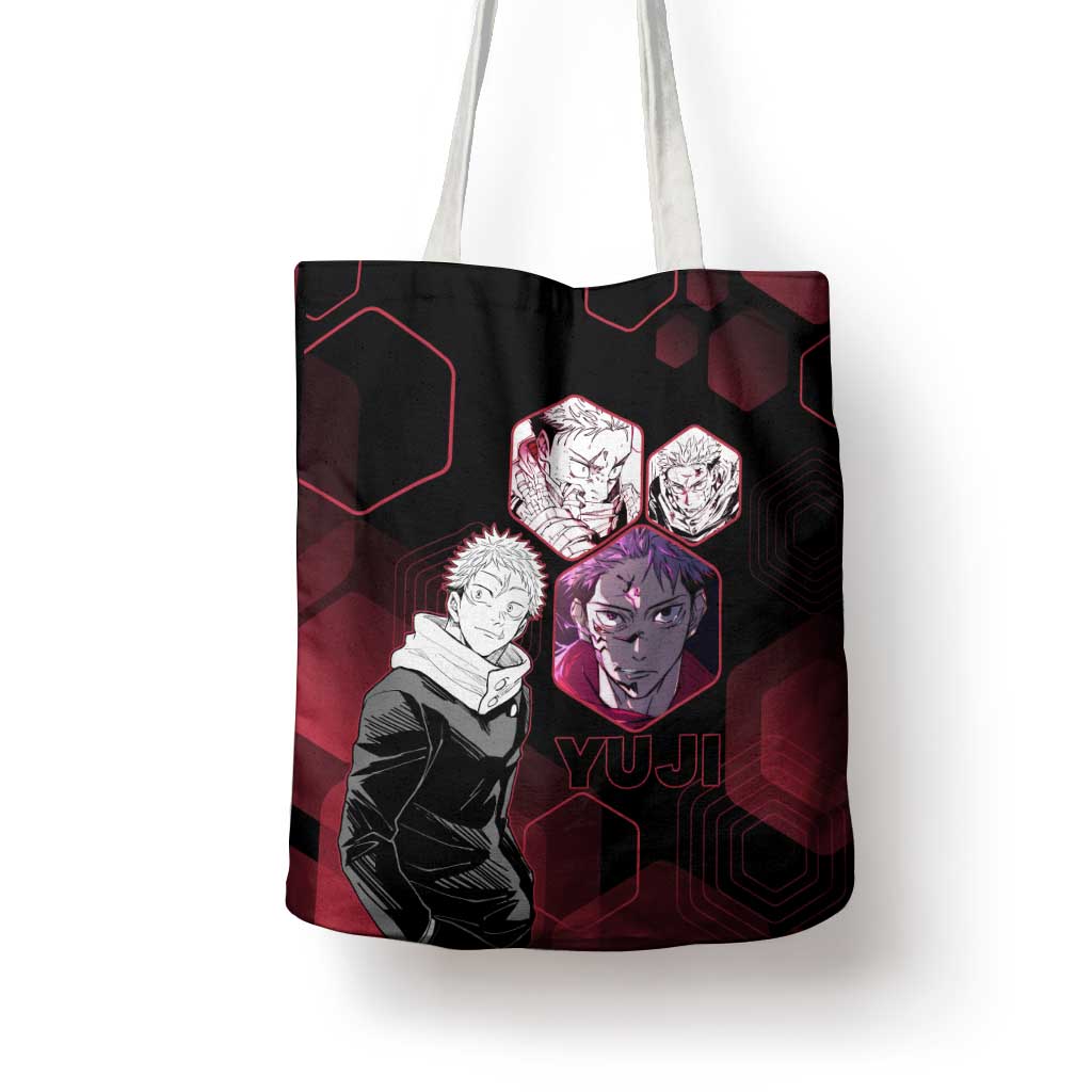 Yuji Itadori Jujutsu Kaisen Red Hexagon Design Tote Bag with Sukuna Transformation and Manga Style Art - The Mazicc