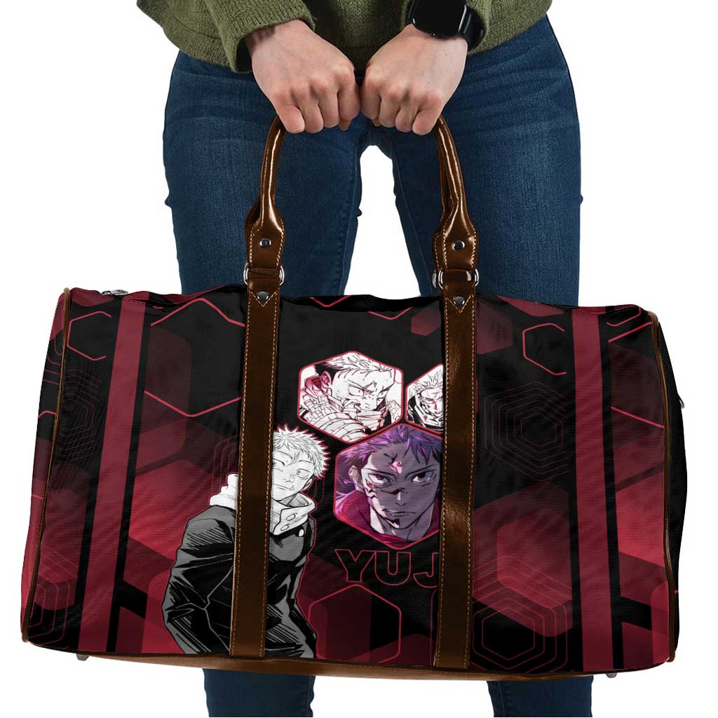 Yuji Itadori Jujutsu Kaisen Red Hexagon Design Travel Bag with Sukuna Transformation and Manga Style Art - The Mazicc