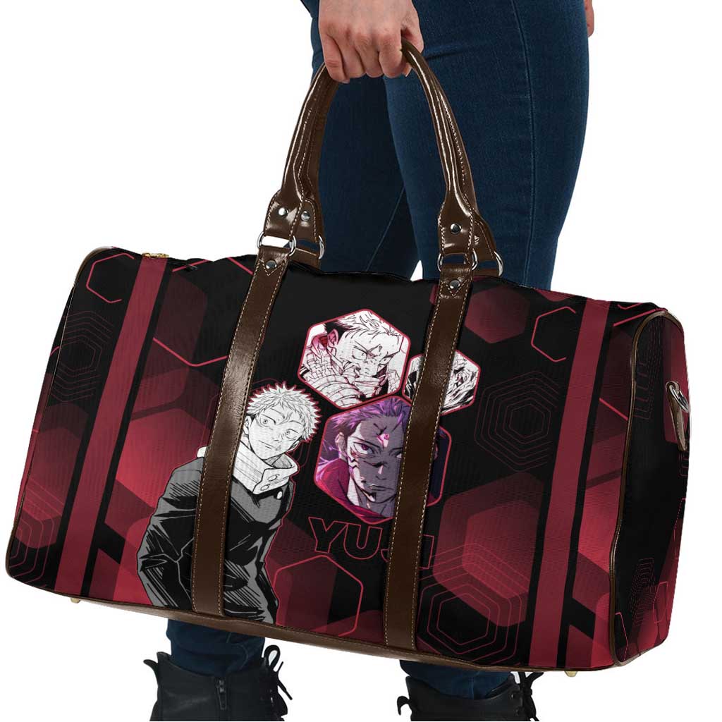 Yuji Itadori Jujutsu Kaisen Red Hexagon Design Travel Bag with Sukuna Transformation and Manga Style Art - The Mazicc