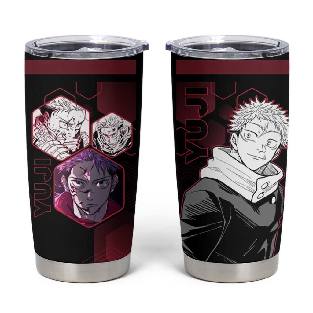 Yuji Itadori Jujutsu Kaisen Red Hexagon Design Tumbler Cup with Sukuna Transformation and Manga Style Art - The Mazicc