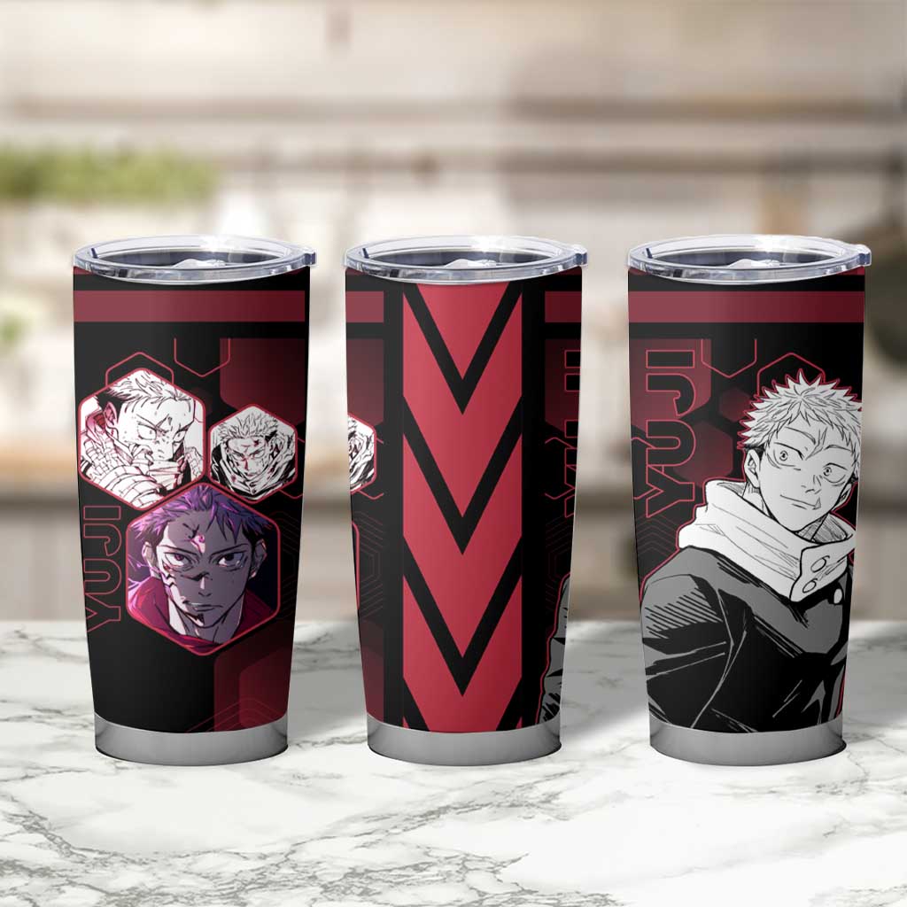 Yuji Itadori Jujutsu Kaisen Red Hexagon Design Tumbler Cup with Sukuna Transformation and Manga Style Art - The Mazicc