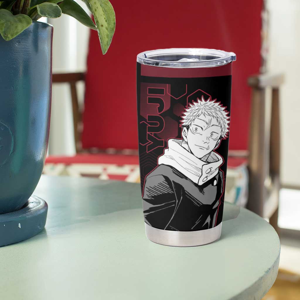 Yuji Itadori Jujutsu Kaisen Red Hexagon Design Tumbler Cup with Sukuna Transformation and Manga Style Art - The Mazicc