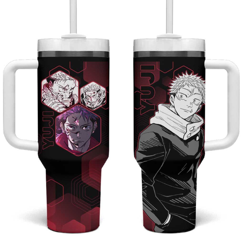Yuji Itadori Jujutsu Kaisen Red Hexagon Design Tumbler With Handle with Sukuna Transformation and Manga Style Art - The Mazicc