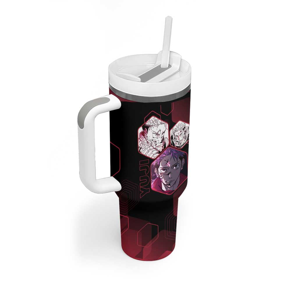 Yuji Itadori Jujutsu Kaisen Red Hexagon Design Tumbler With Handle with Sukuna Transformation and Manga Style Art - The Mazicc