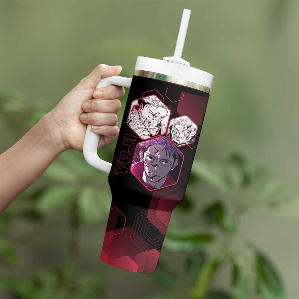Yuji Itadori Jujutsu Kaisen Red Hexagon Design Tumbler With Handle with Sukuna Transformation and Manga Style Art - The Mazicc
