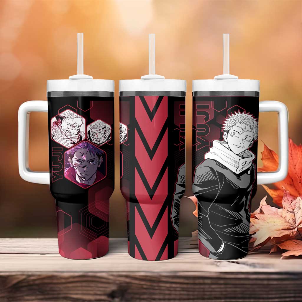 Yuji Itadori Jujutsu Kaisen Red Hexagon Design Tumbler With Handle with Sukuna Transformation and Manga Style Art - The Mazicc