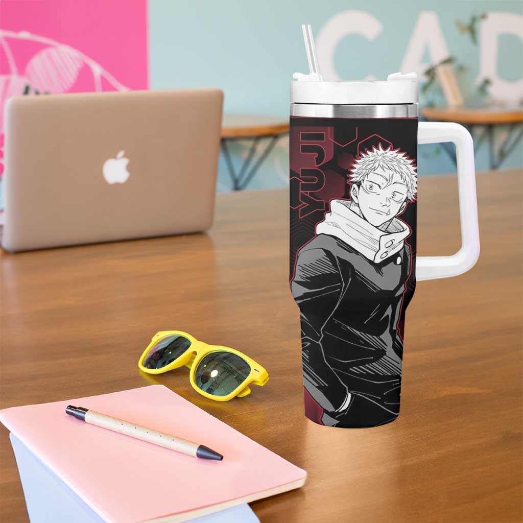 Yuji Itadori Jujutsu Kaisen Red Hexagon Design Tumbler With Handle with Sukuna Transformation and Manga Style Art - The Mazicc