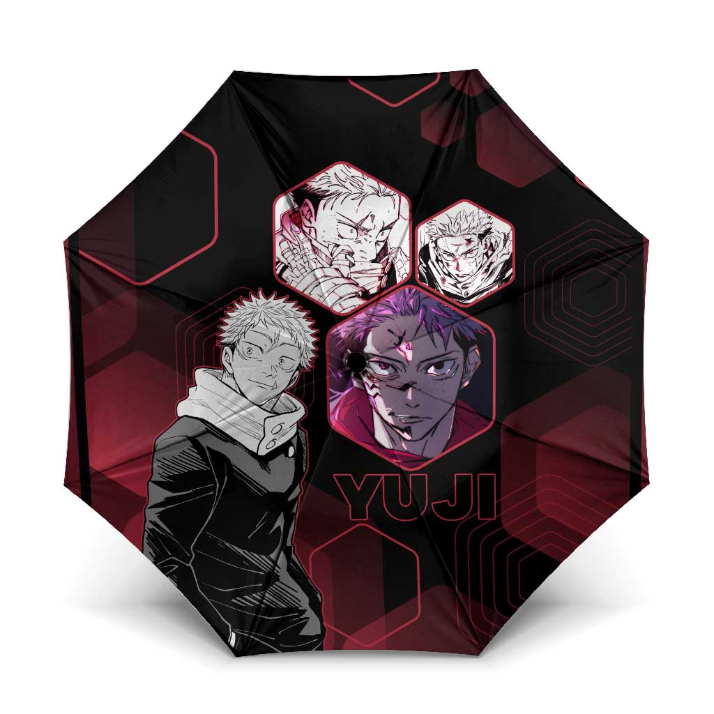 Yuji Itadori Jujutsu Kaisen Red Hexagon Design Umbrella with Sukuna Transformation and Manga Style Art - The Mazicc