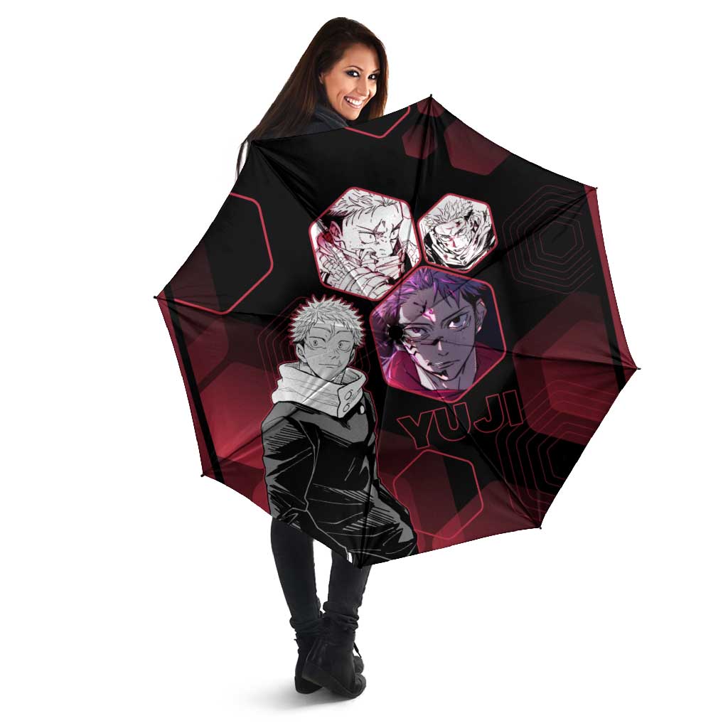 Yuji Itadori Jujutsu Kaisen Red Hexagon Design Umbrella with Sukuna Transformation and Manga Style Art - The Mazicc