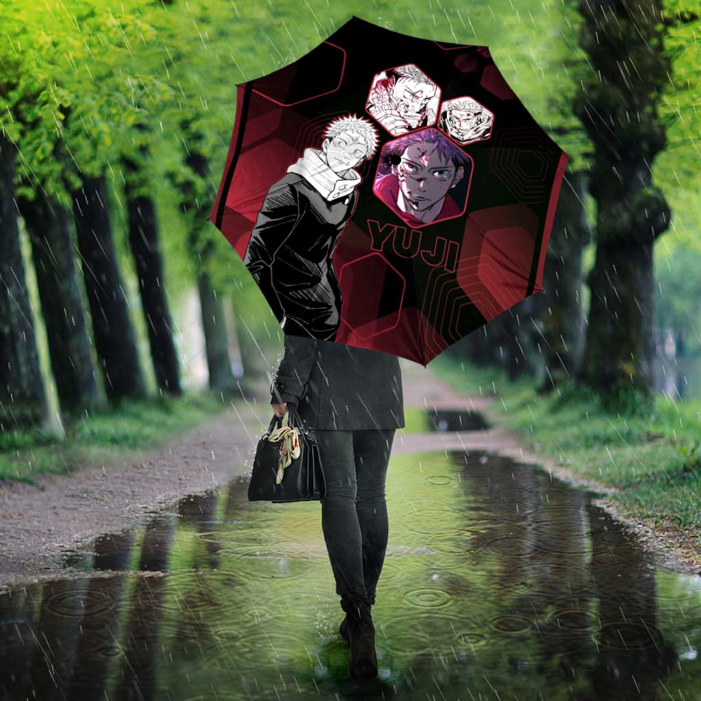 Yuji Itadori Jujutsu Kaisen Red Hexagon Design Umbrella with Sukuna Transformation and Manga Style Art - The Mazicc