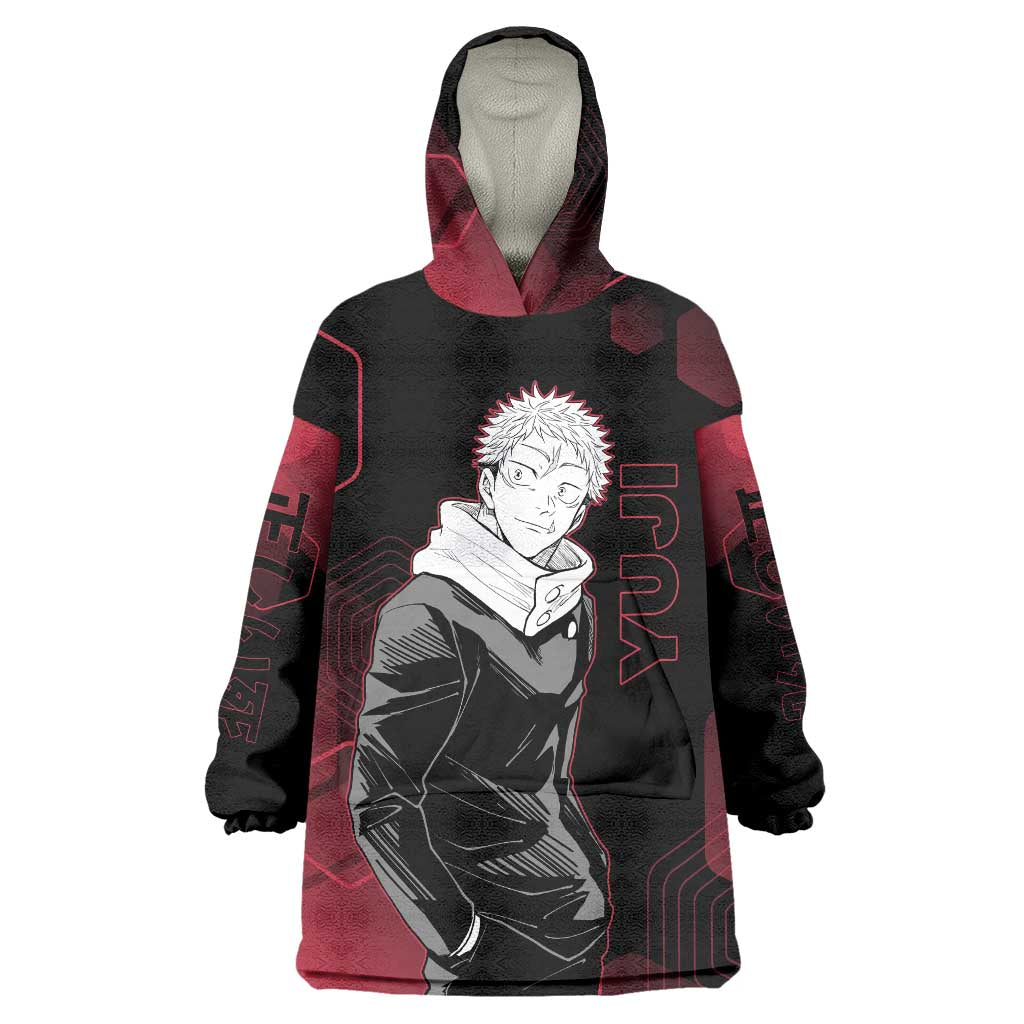 Yuji Itadori Jujutsu Kaisen Red Hexagon Design Wearable Blanket Hoodie with Sukuna Transformation and Manga Style Art - The Mazicc