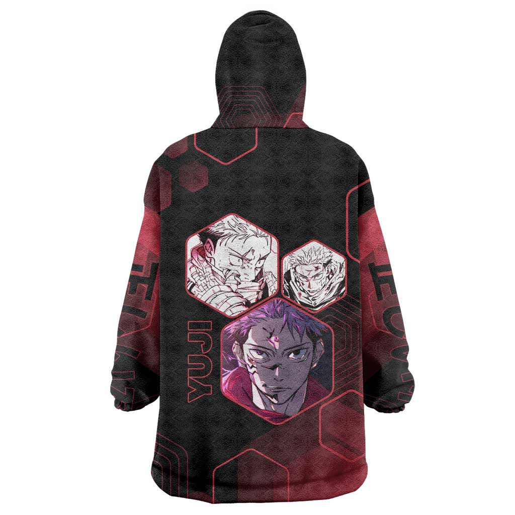 Yuji Itadori Jujutsu Kaisen Red Hexagon Design Wearable Blanket Hoodie with Sukuna Transformation and Manga Style Art - The Mazicc