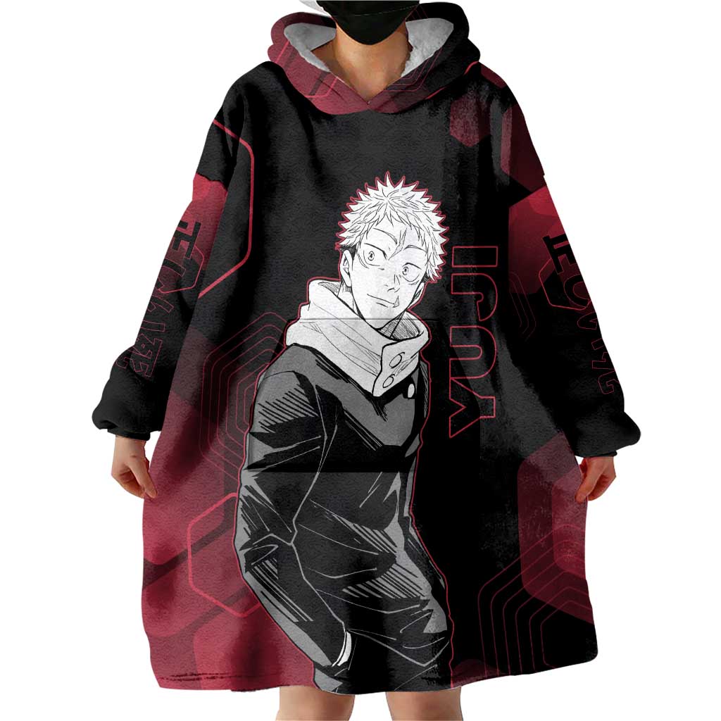 Yuji Itadori Jujutsu Kaisen Red Hexagon Design Wearable Blanket Hoodie with Sukuna Transformation and Manga Style Art - The Mazicc