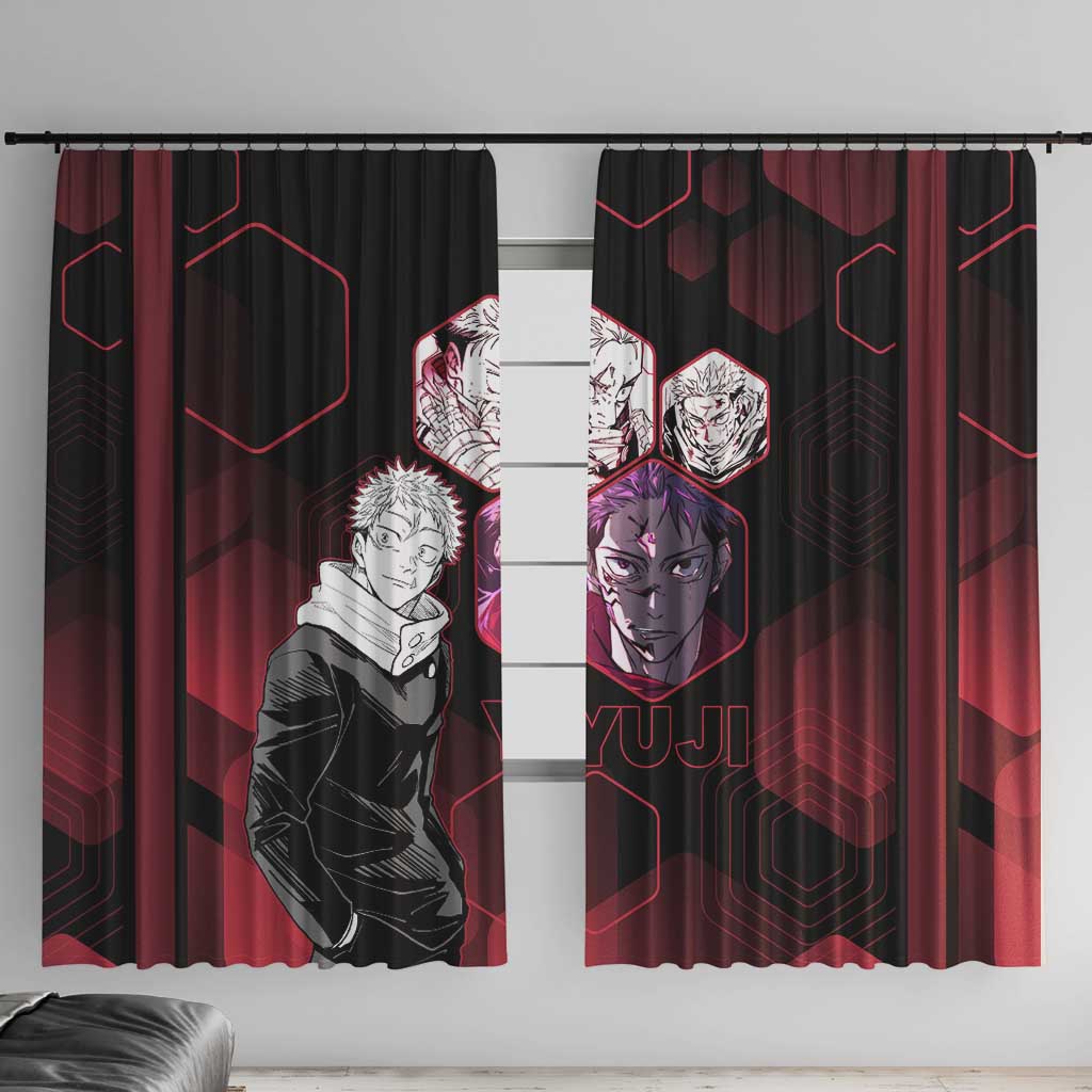 Yuji Itadori Jujutsu Kaisen Red Hexagon Design Window Curtain with Sukuna Transformation and Manga Style Art - The Mazicc