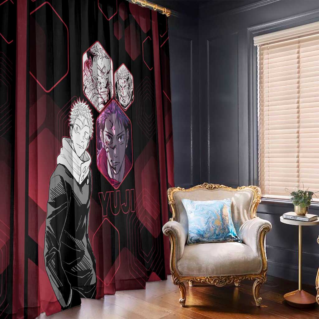 Yuji Itadori Jujutsu Kaisen Red Hexagon Design Window Curtain with Sukuna Transformation and Manga Style Art - The Mazicc