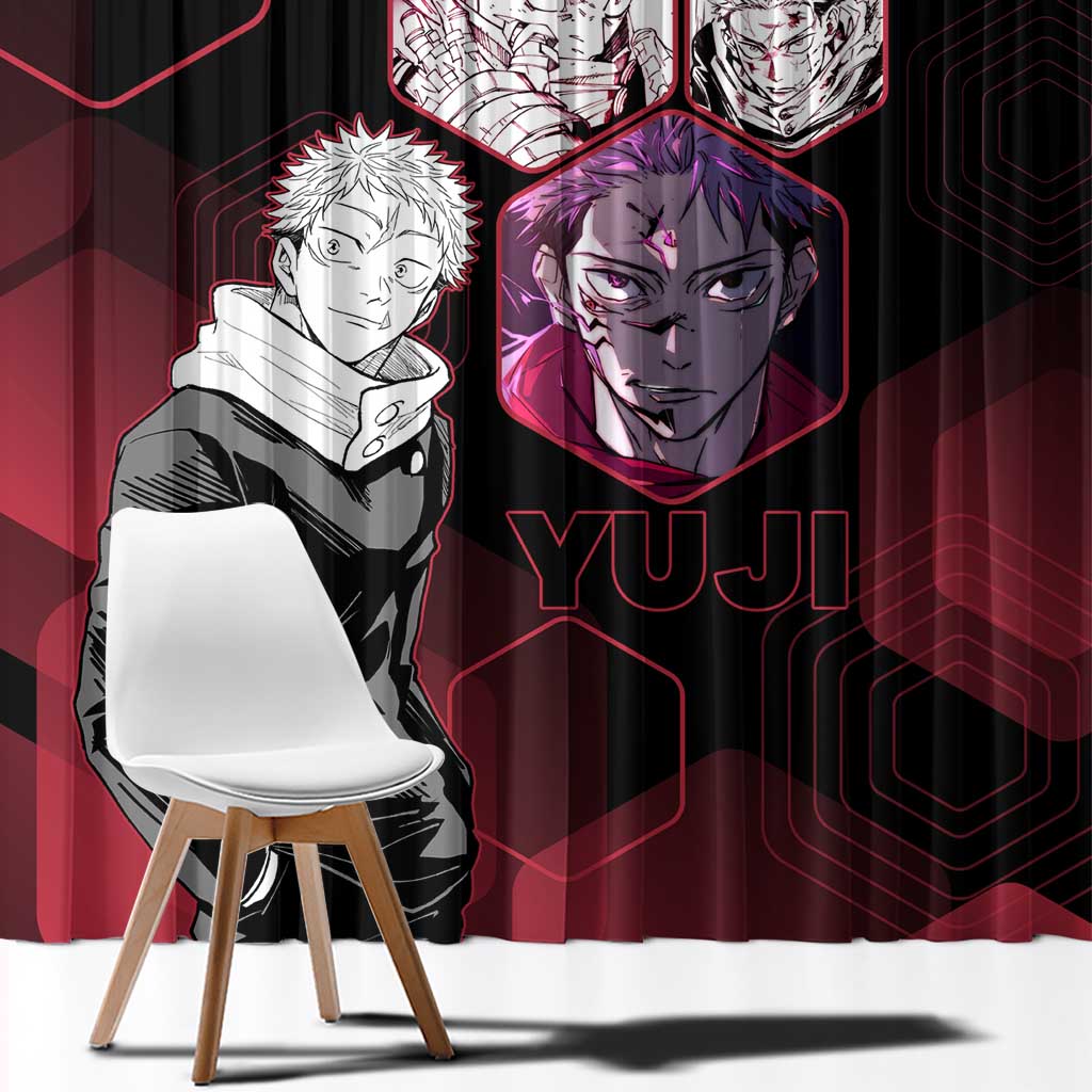 Yuji Itadori Jujutsu Kaisen Red Hexagon Design Window Curtain with Sukuna Transformation and Manga Style Art - The Mazicc