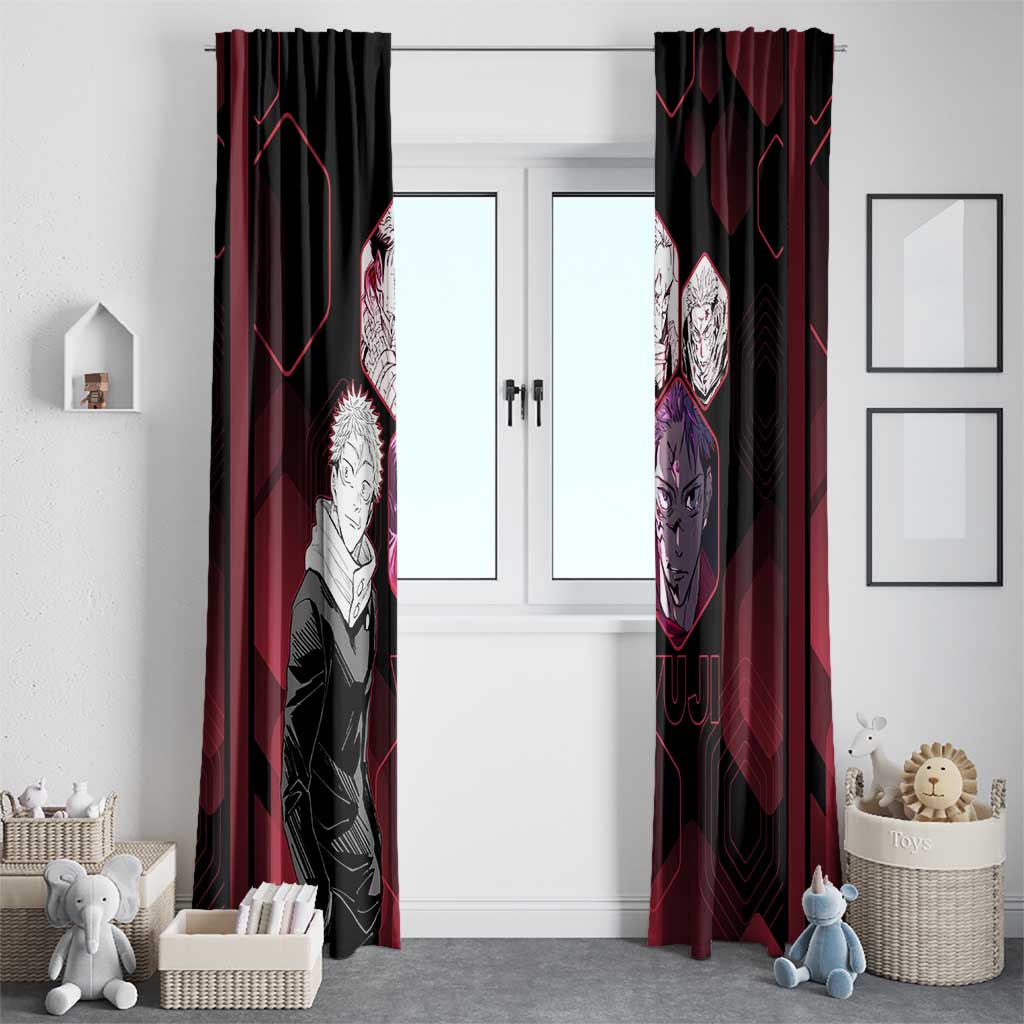 Yuji Itadori Jujutsu Kaisen Red Hexagon Design Window Curtain with Sukuna Transformation and Manga Style Art - The Mazicc