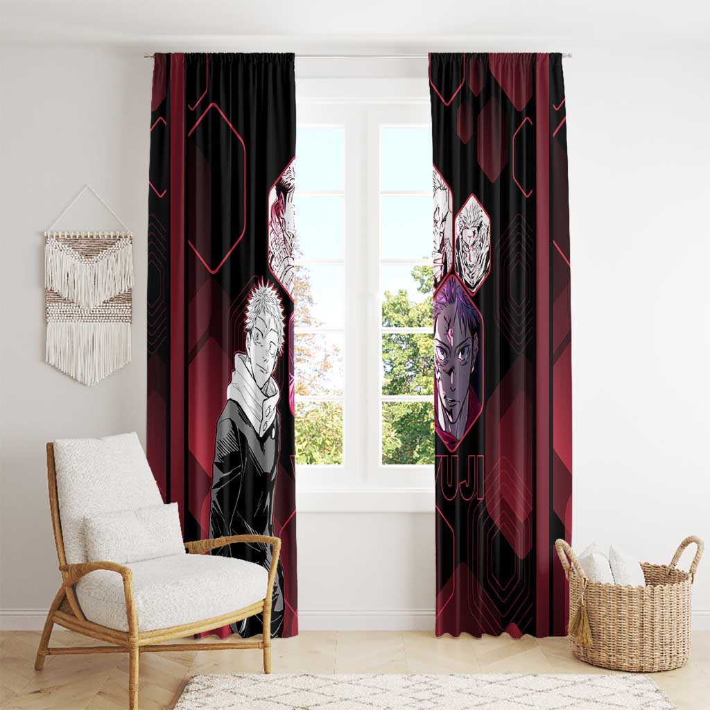 Yuji Itadori Jujutsu Kaisen Red Hexagon Design Window Curtain with Sukuna Transformation and Manga Style Art - The Mazicc