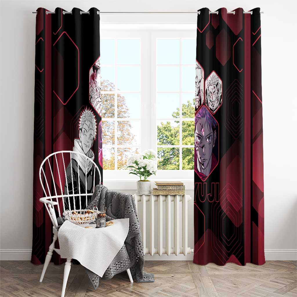 Yuji Itadori Jujutsu Kaisen Red Hexagon Design Window Curtain with Sukuna Transformation and Manga Style Art - The Mazicc