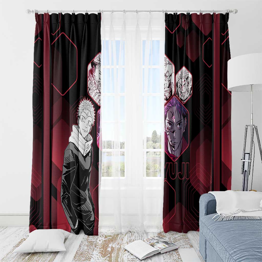 Yuji Itadori Jujutsu Kaisen Red Hexagon Design Window Curtain with Sukuna Transformation and Manga Style Art - The Mazicc