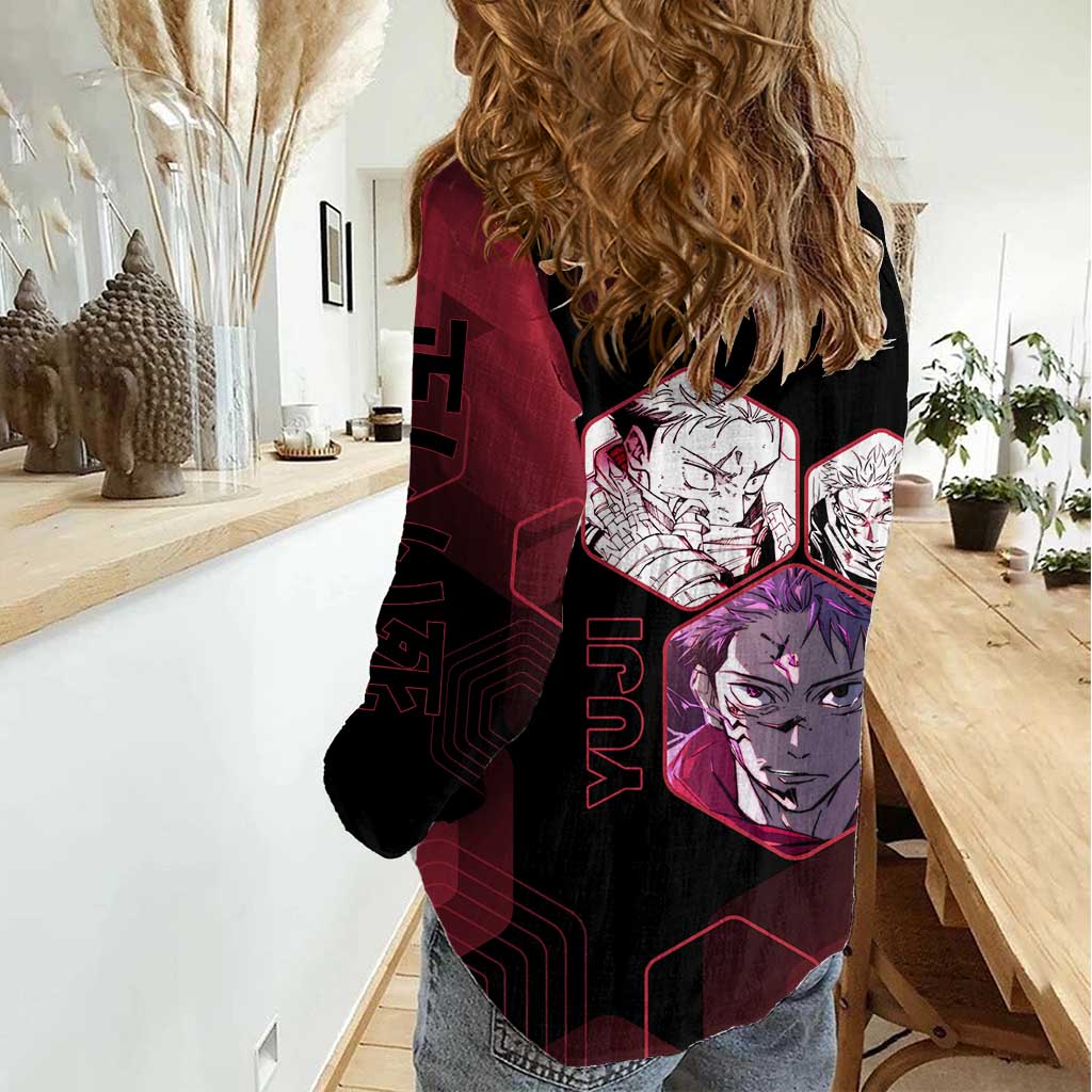 Yuji Itadori Jujutsu Kaisen Red Hexagon Design Women Casual Shirt with Sukuna Transformation and Manga Style Art - The Mazicc