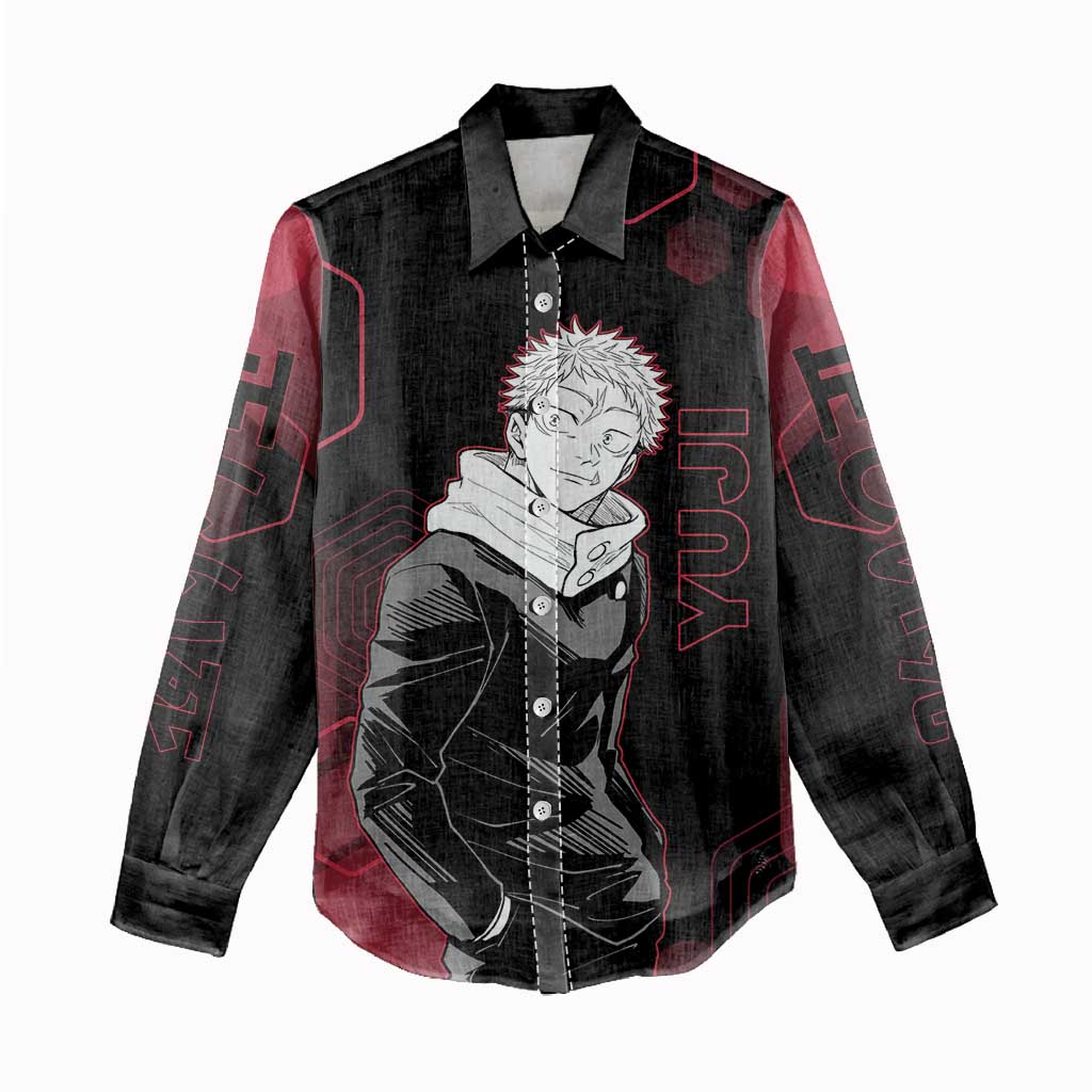 Yuji Itadori Jujutsu Kaisen Red Hexagon Design Women Casual Shirt with Sukuna Transformation and Manga Style Art - The Mazicc
