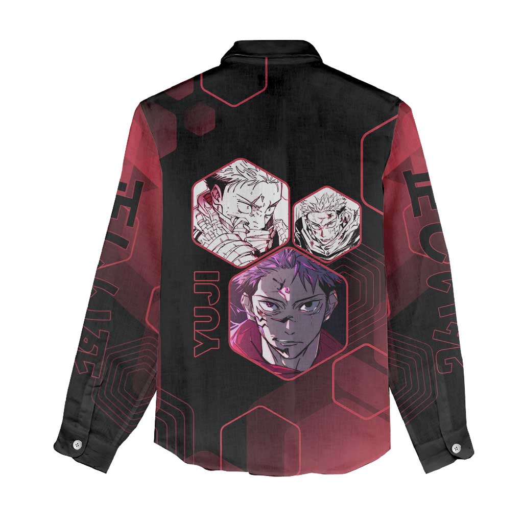 Yuji Itadori Jujutsu Kaisen Red Hexagon Design Women Casual Shirt with Sukuna Transformation and Manga Style Art - The Mazicc