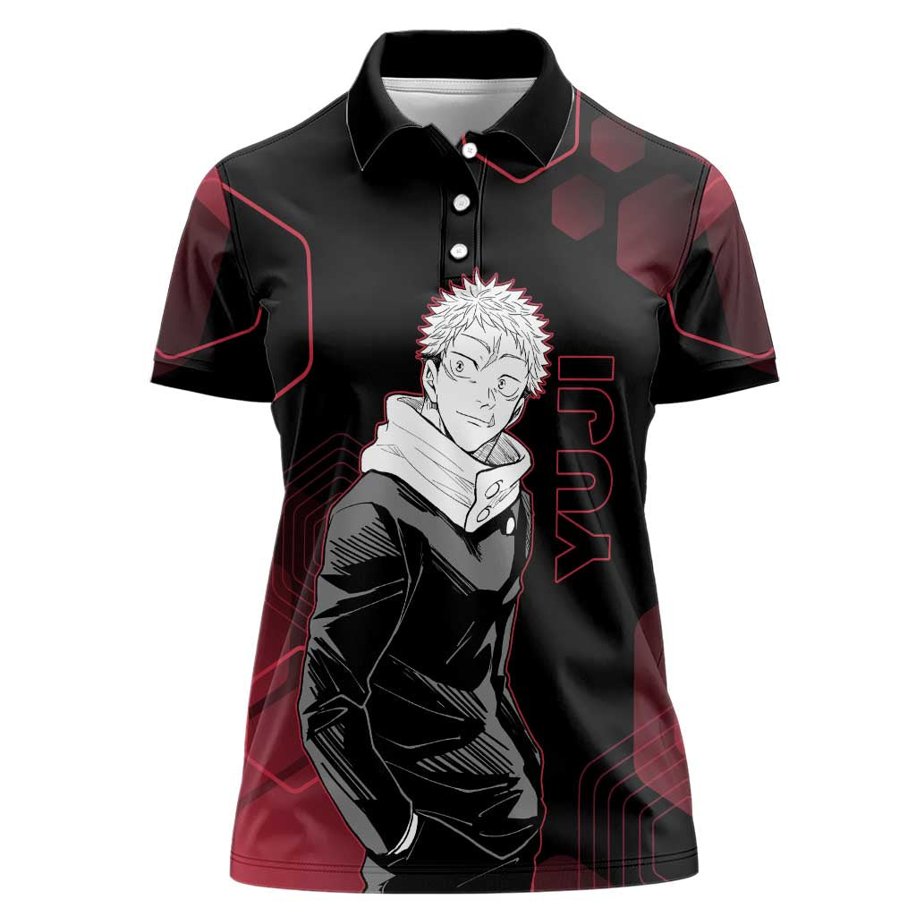 Yuji Itadori Jujutsu Kaisen Red Hexagon Design Women Polo Shirt with Sukuna Transformation and Manga Style Art - The Mazicc