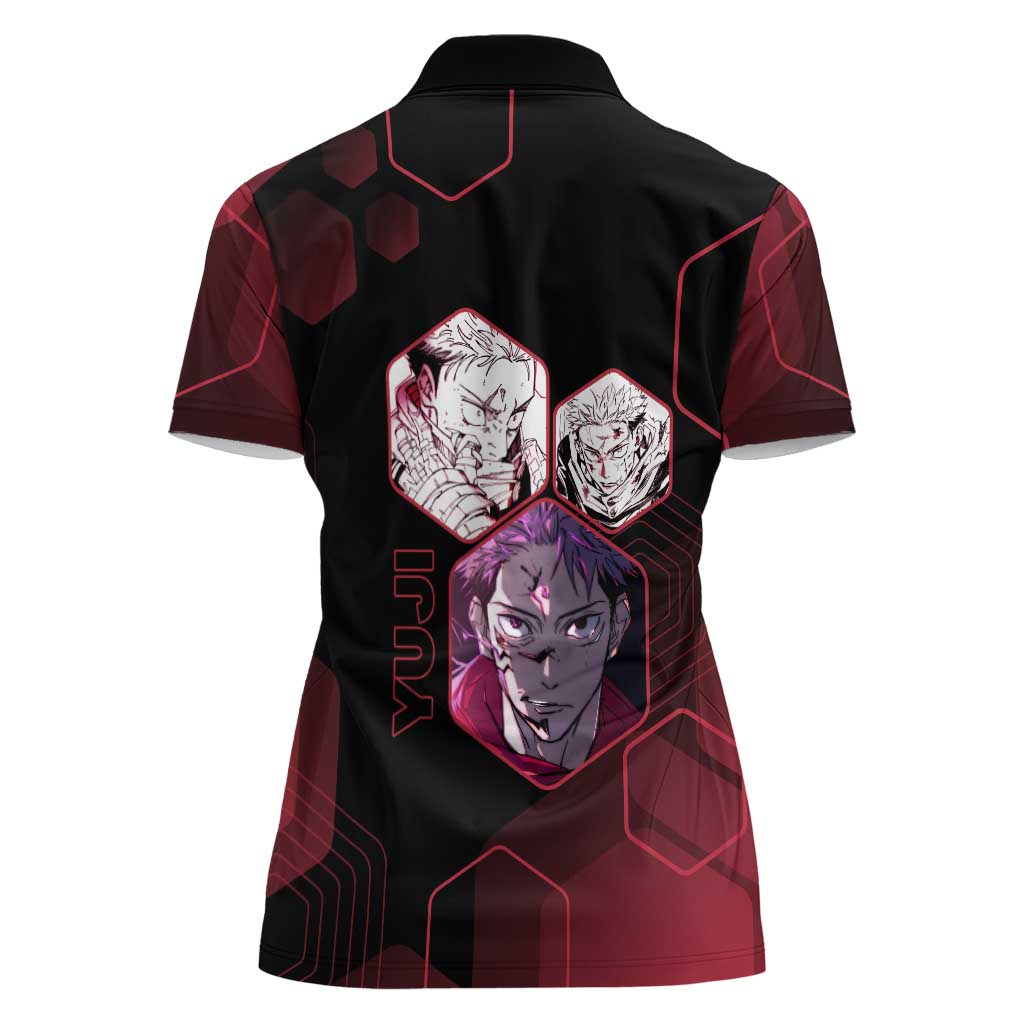 Yuji Itadori Jujutsu Kaisen Red Hexagon Design Women Polo Shirt with Sukuna Transformation and Manga Style Art - The Mazicc